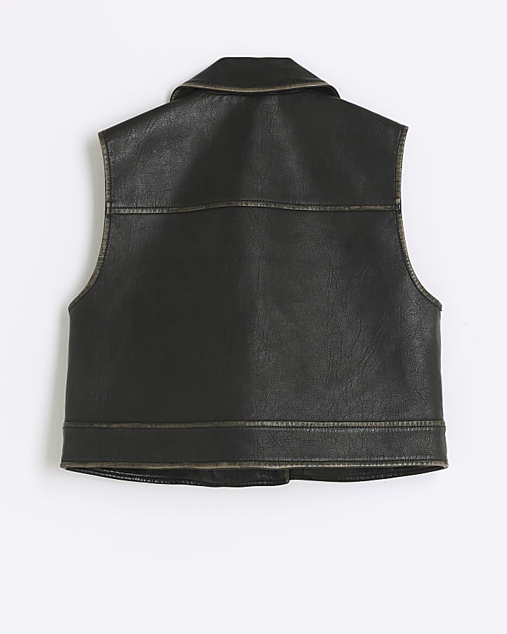 Girls black faux leather biker gilet