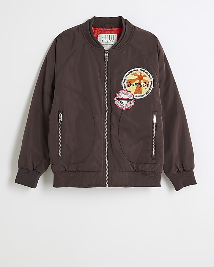 Boys brown patch bomber jacket River Island