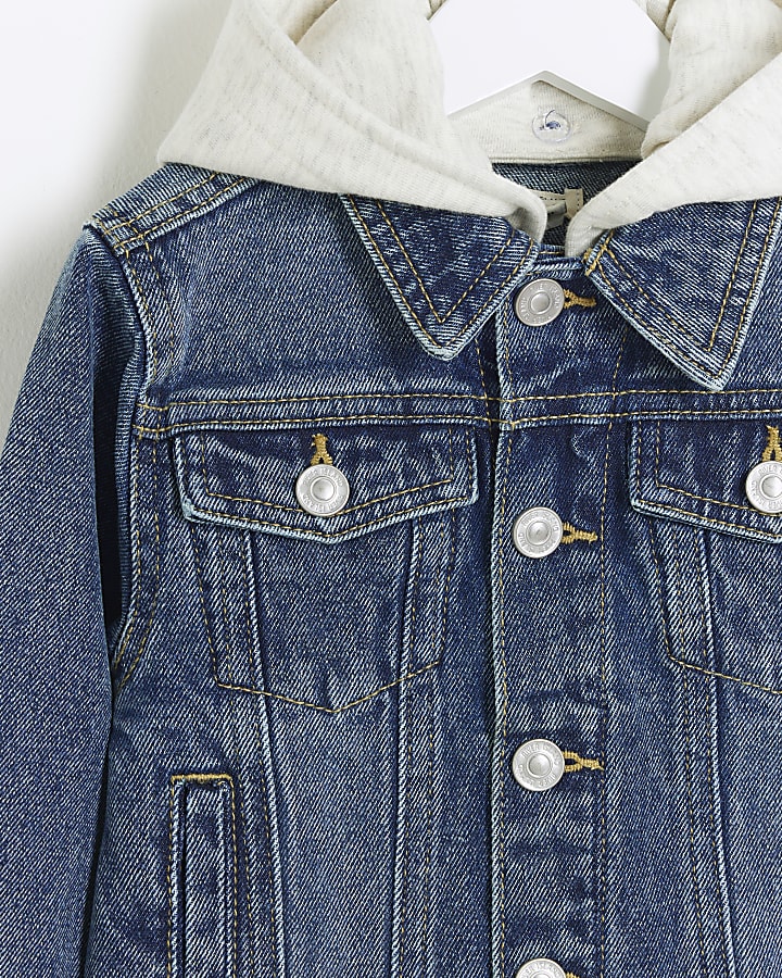 Mini blue hooded denim trucker jacket