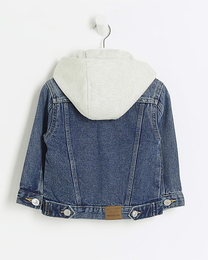 Mini blue hooded denim trucker jacket