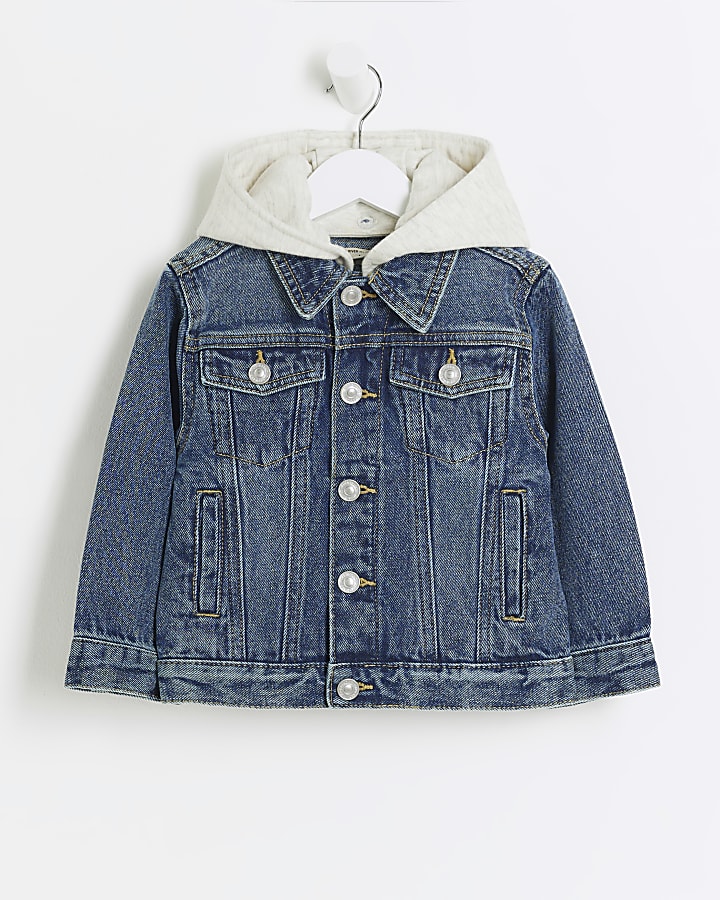 Mini blue hooded denim trucker jacket River Island