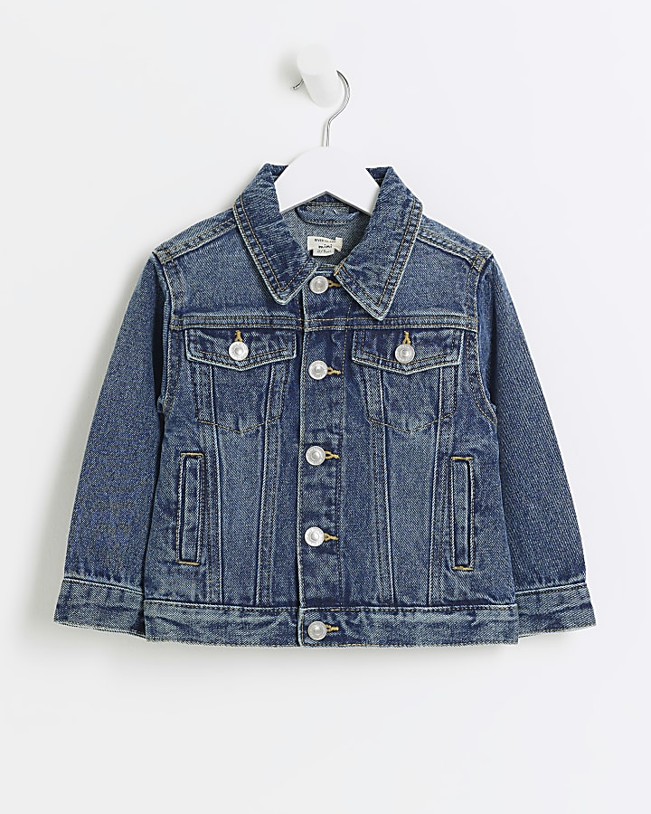 Mini blue hooded denim trucker jacket