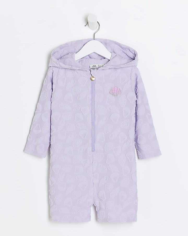 Mini girls purple hooded towelling playsuit