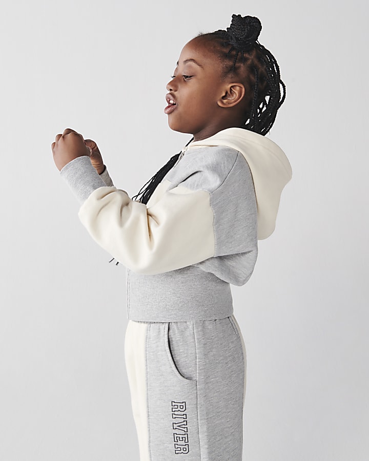 Girls grey colour block wide leg joggers