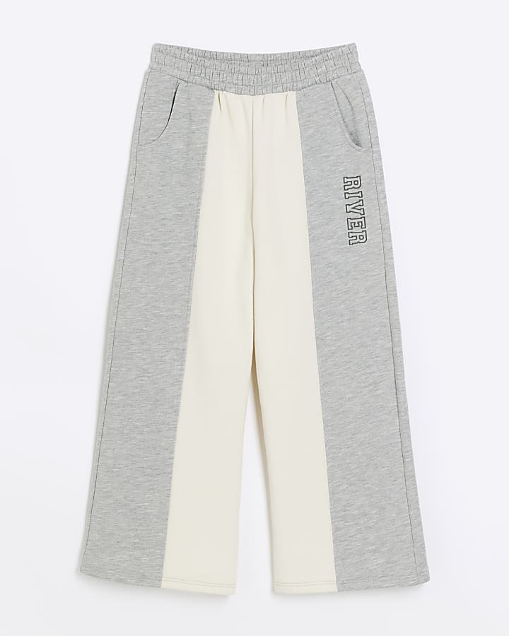 Girls grey colour block wide leg joggers