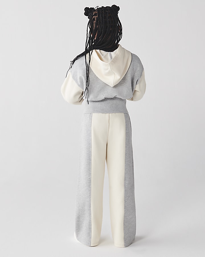 Girls grey colour block wide leg joggers