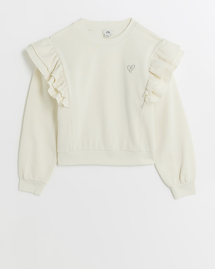 Girls cream pink frill long sleeve sweatshirt