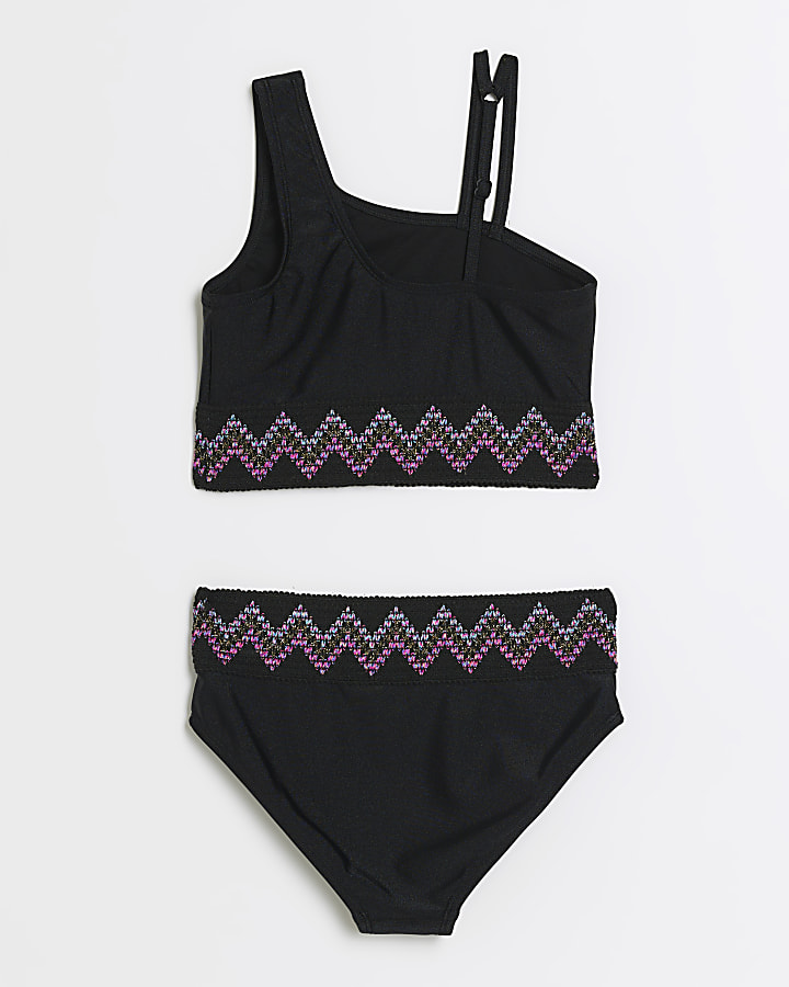 Girls black zig zag elastic bikini set