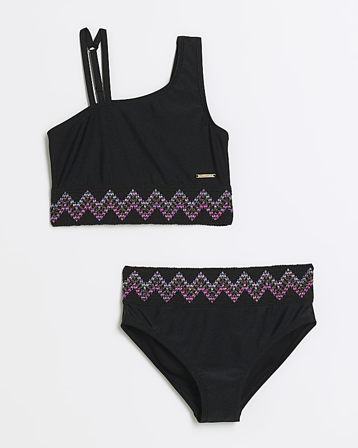 Girls black zig zag elastic bikini set