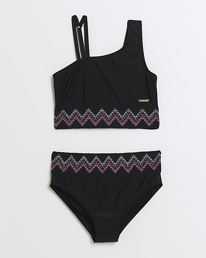 Girls black zig zag elastic bikini set