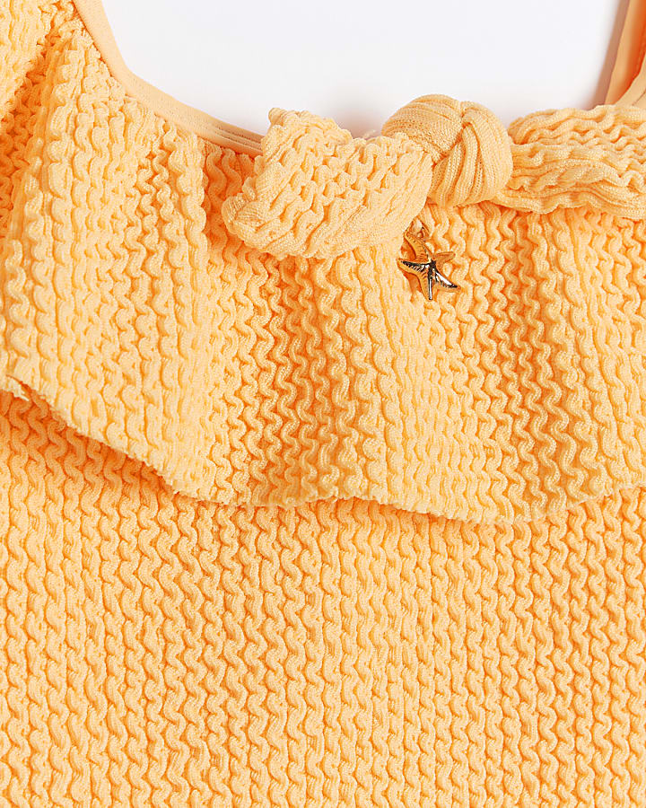 Mini girls orange textured frill swimsuit