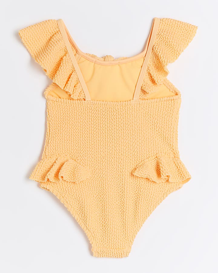 Mini girls orange textured frill swimsuit