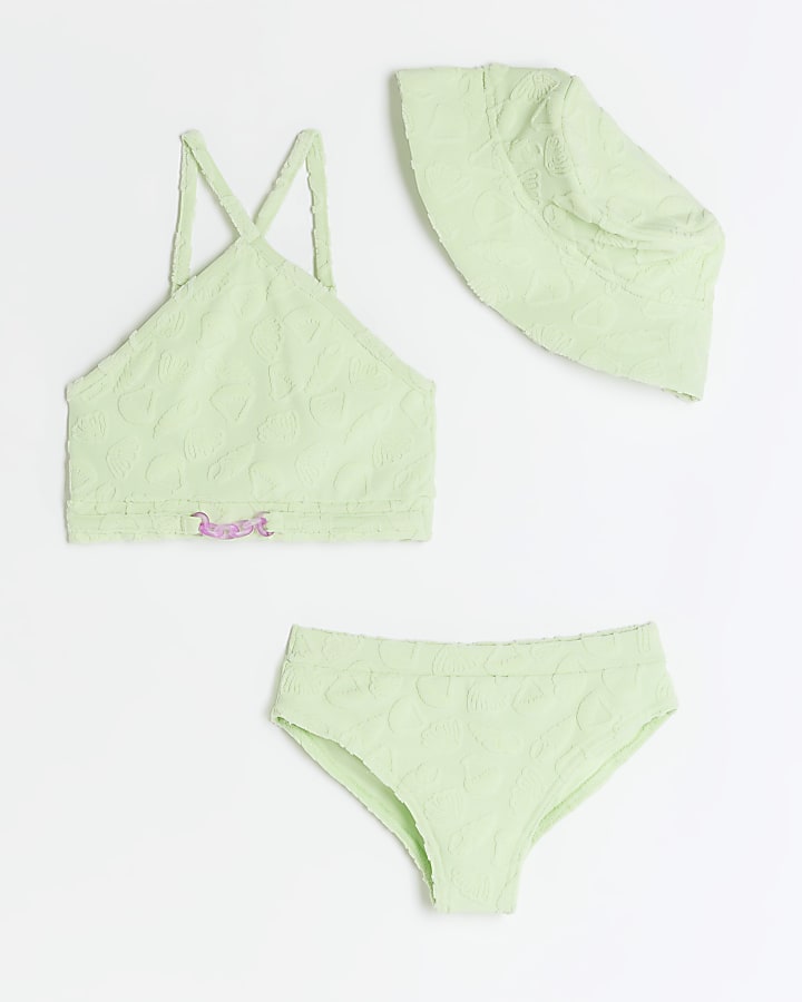 Girls green towelling bikini and hat set