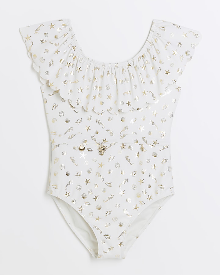 Girls cream shell frill swimsuit