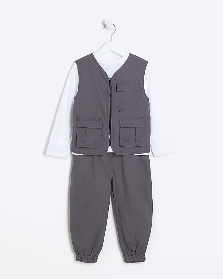 Mini boys grey cargo zip up gilet set