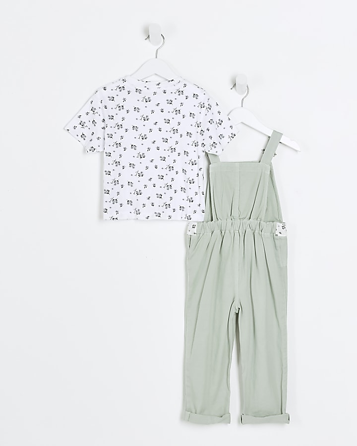 Mini girls sage green floral dungaree set