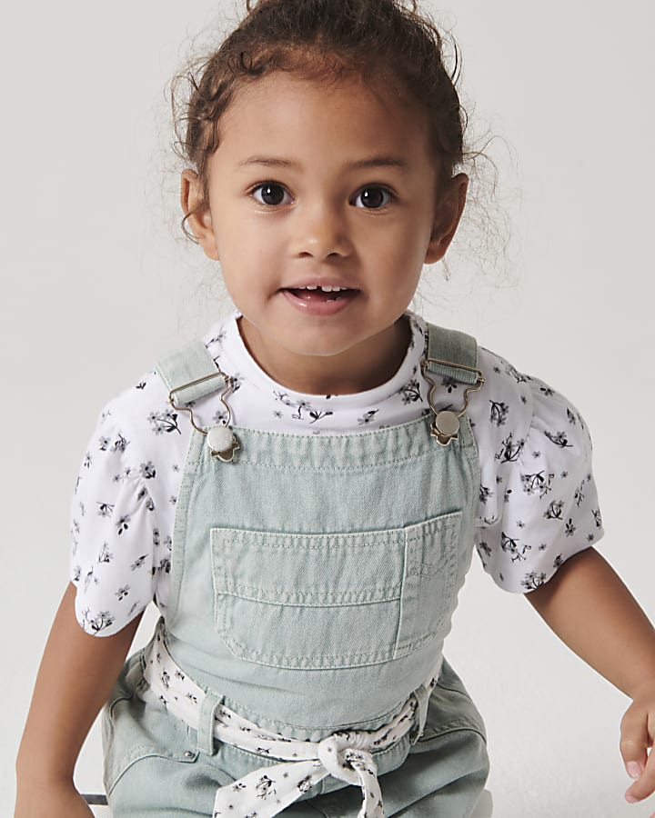 Mini girls sage green floral dungaree set