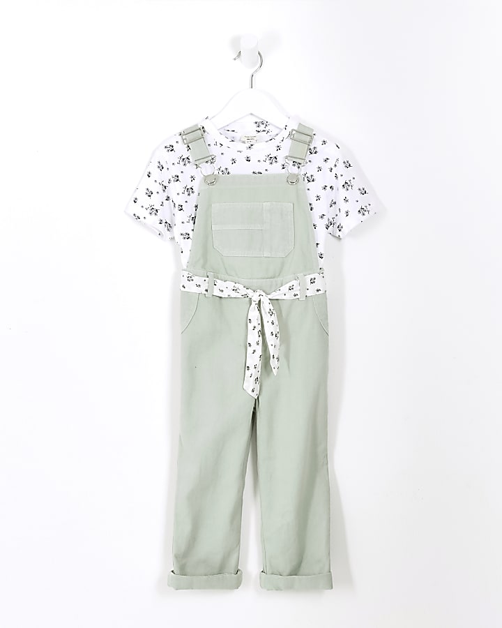 Mini girls sage green floral dungaree set