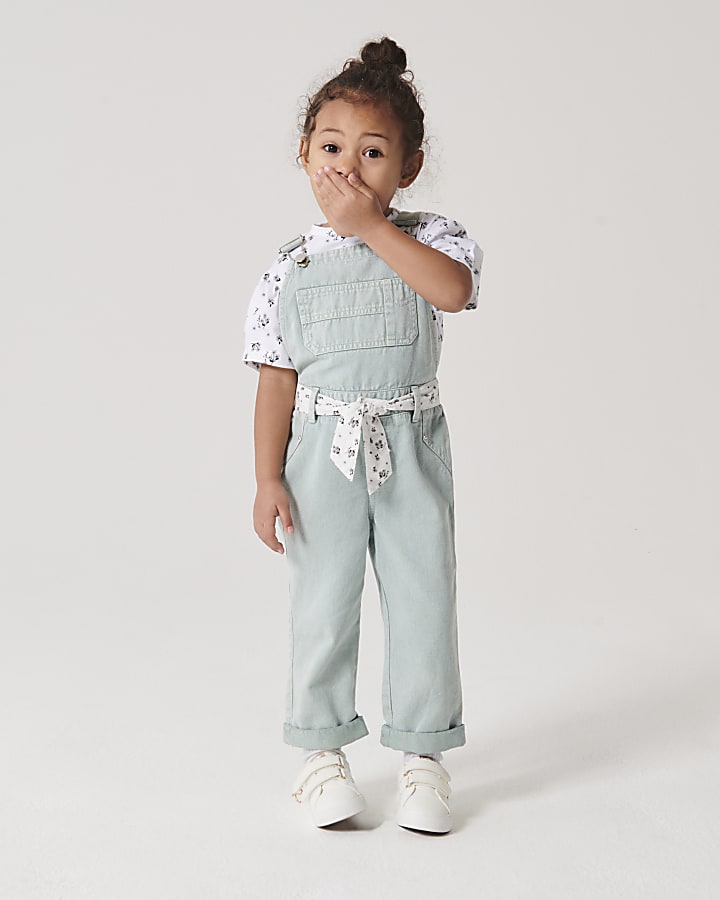 Mini girls sage green floral dungaree set