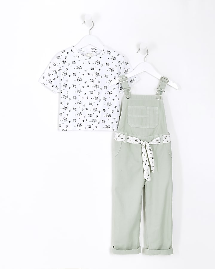 Mini girls sage green floral dungaree set