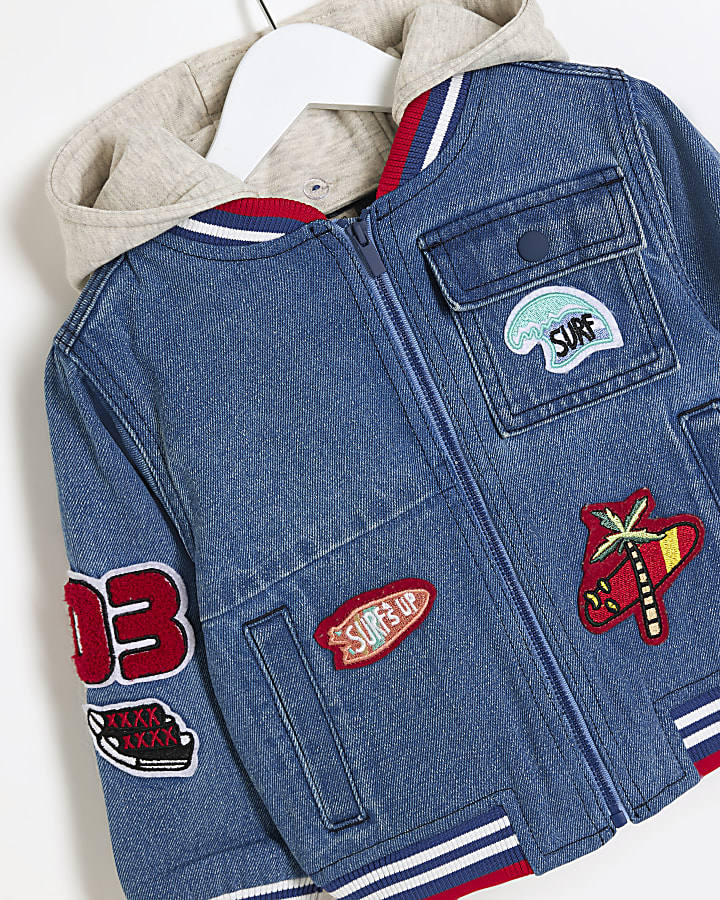 Mini boys blue patches denim bomber jacket