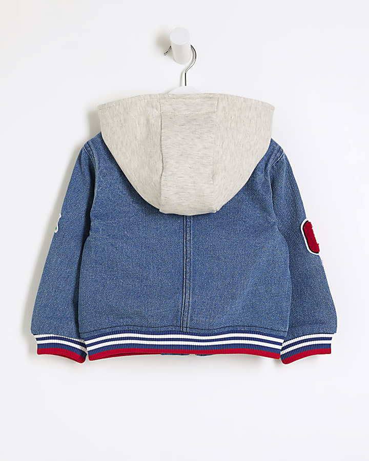 Mini boys blue patches denim bomber jacket