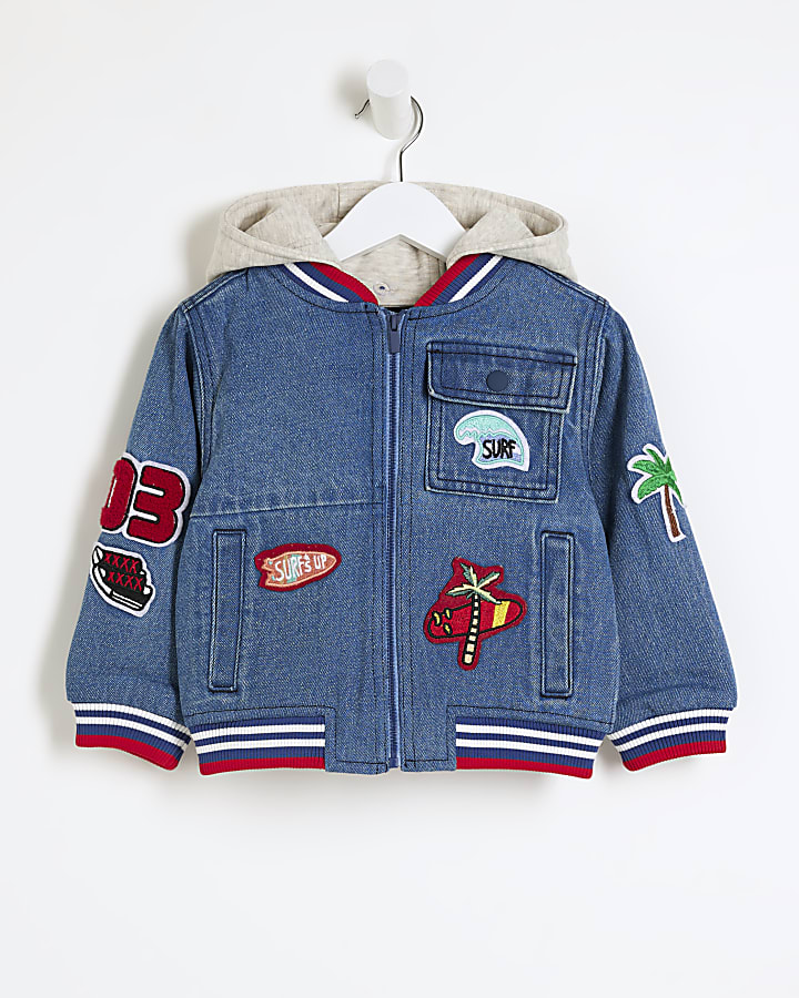 Mini boys blue patches denim bomber jacket