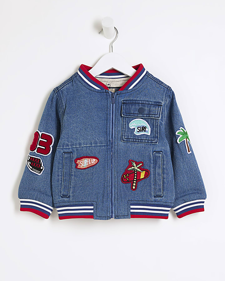 Mini boys blue patches denim bomber jacket