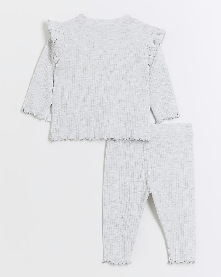 Baby girls grey frill rib long sleeve set