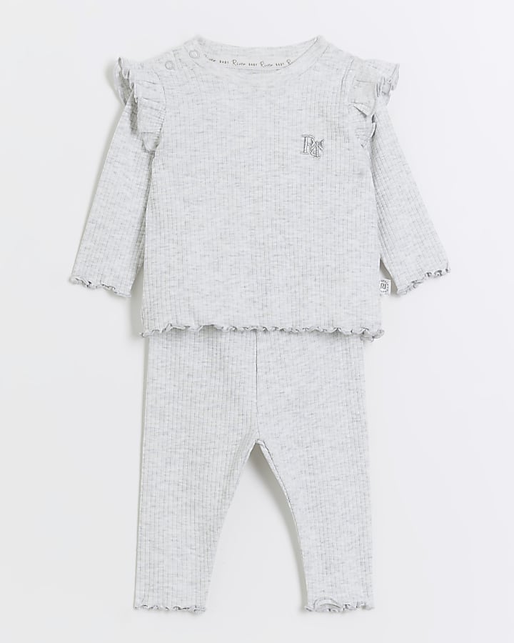 Baby girls grey frill rib long sleeve set