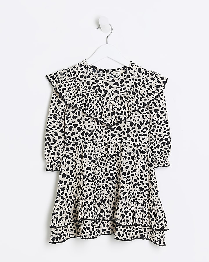 Mini girls cream leopard print frill dress