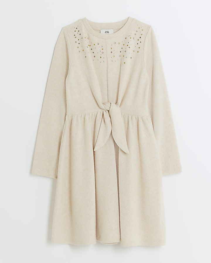 Girls Beige Embellished Knot Dress River Island