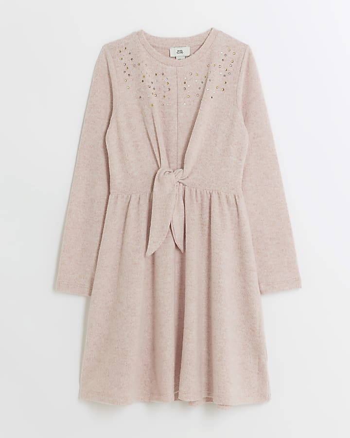 Girls Pink Embellished Knot Dress