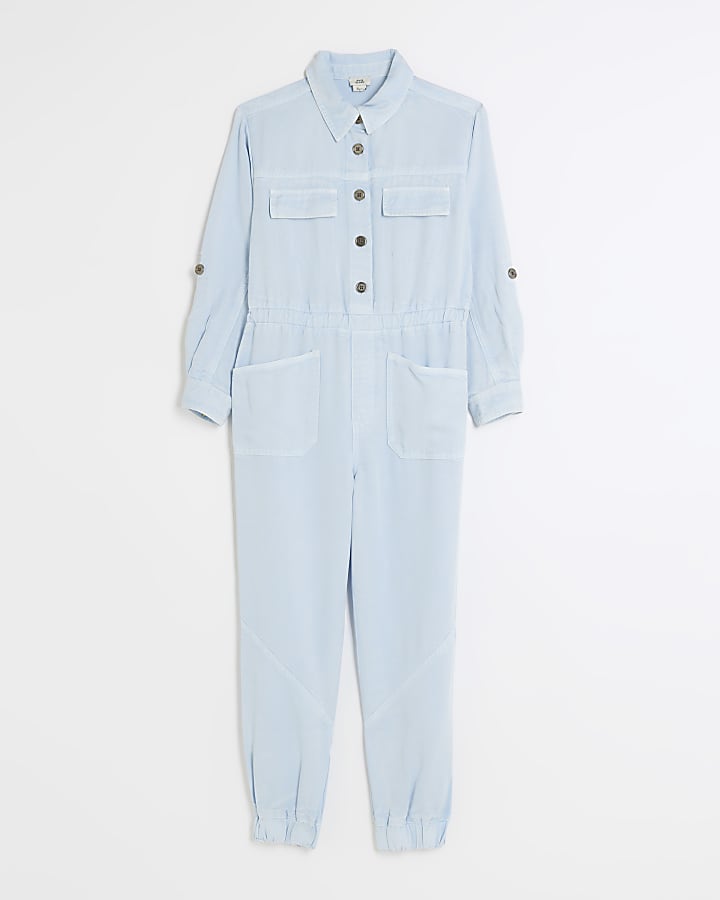 Girls blue denim look cargo jumpsuit