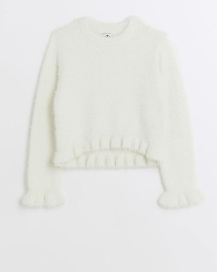 Girls white fluffy frill jumper River Island