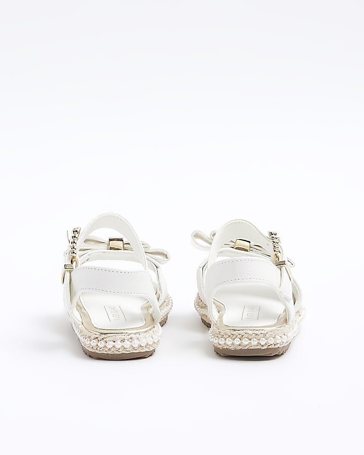 Mini girls white pearl trim bow sandals