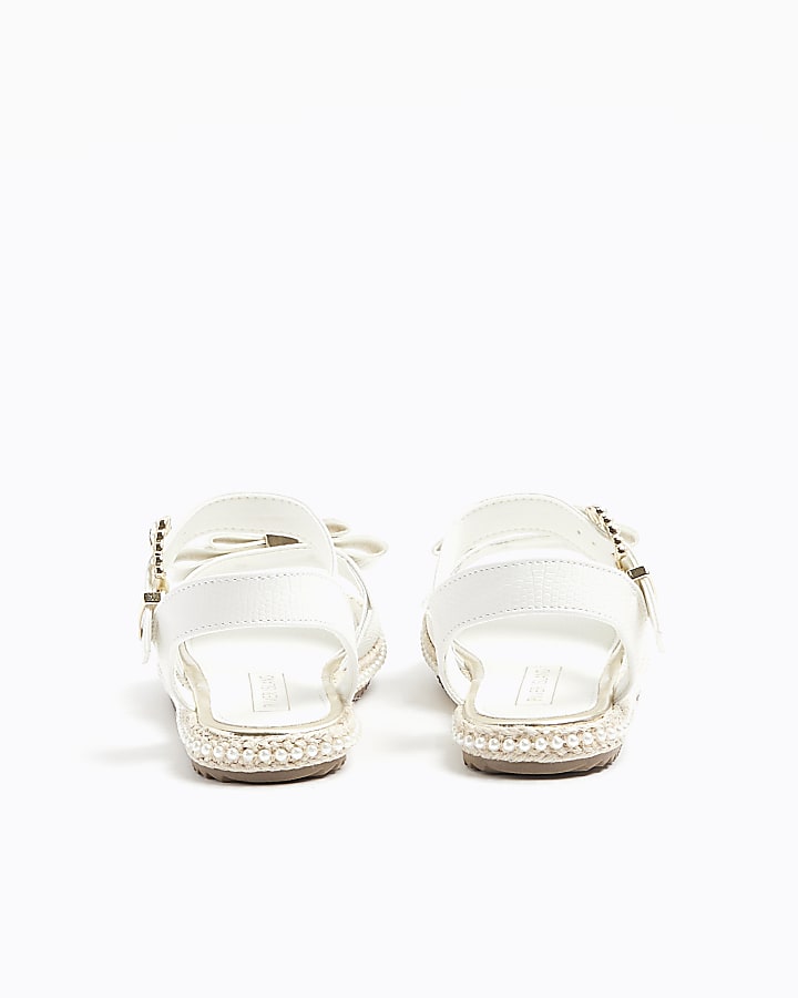 Girls white pearl trim bow sandals