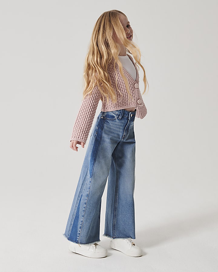 Girls blue patchwork wide leg jeans