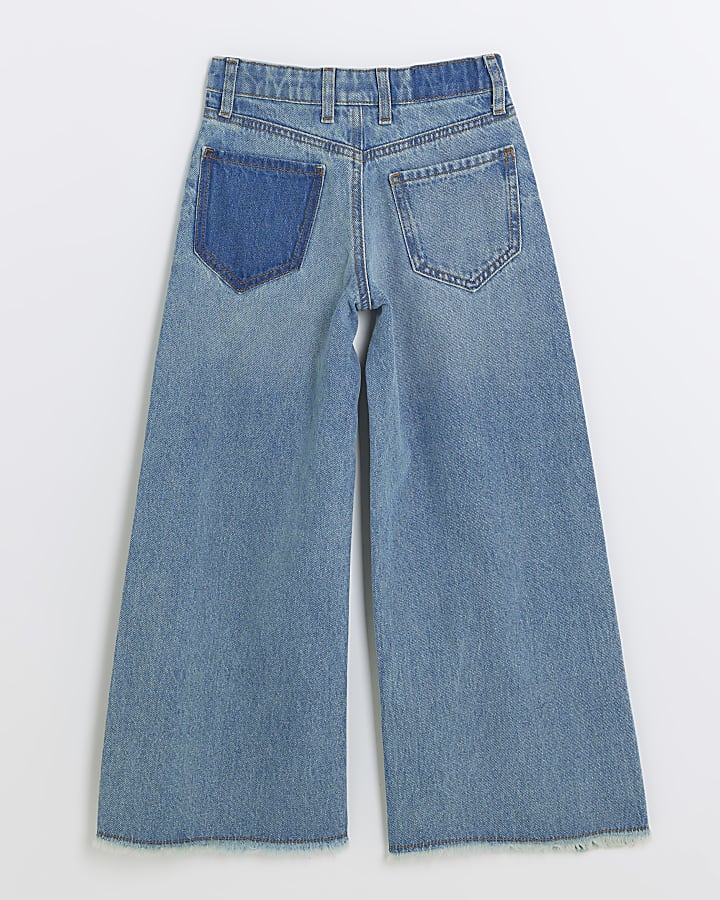 Girls blue patchwork wide leg jeans