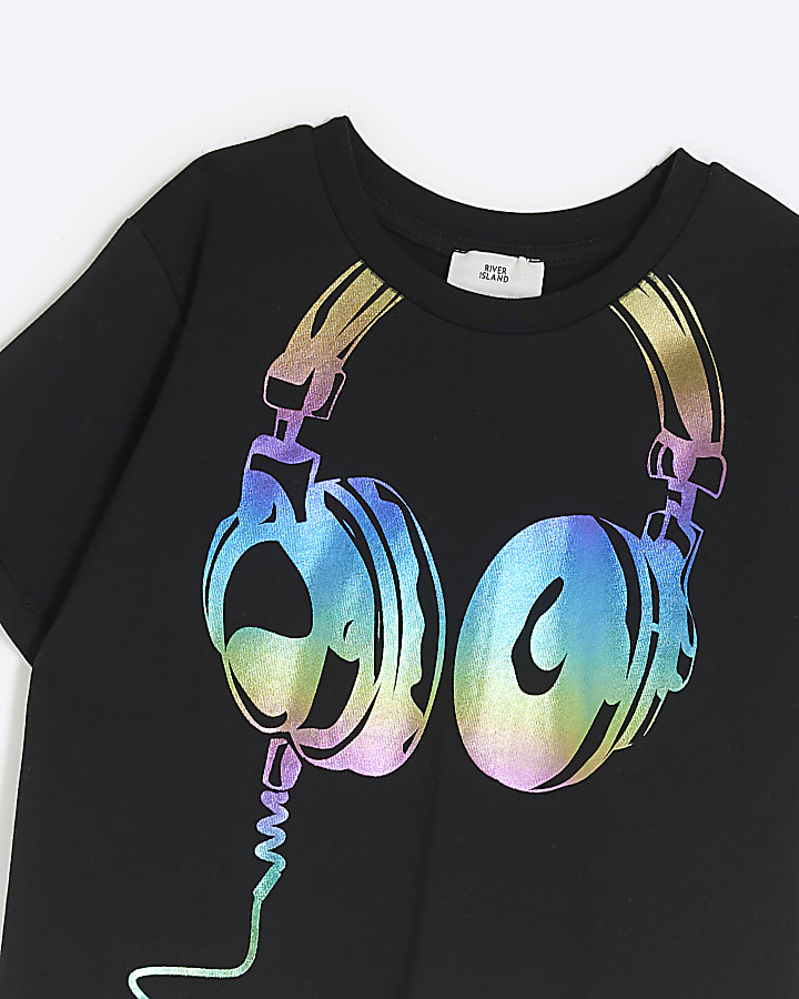 Boys black headphones graphic t-shirt