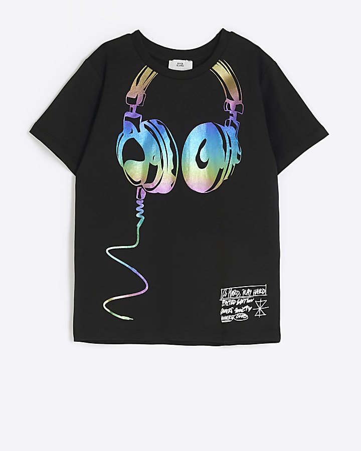 Boys black headphones graphic t-shirt