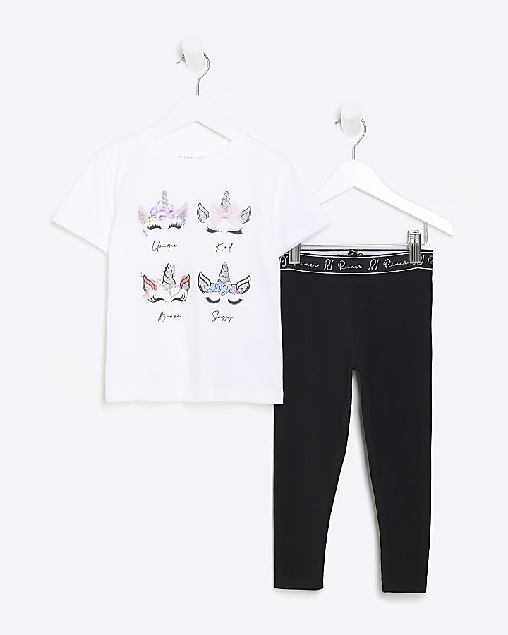 Mini girls white unicorn t-shirt set