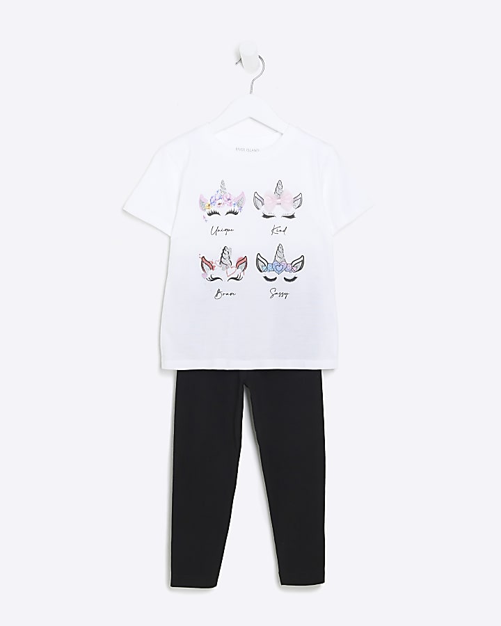 Mini girls white unicorn t-shirt set