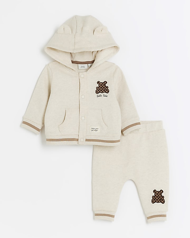 Baby boys cream bear bomber hooded top set