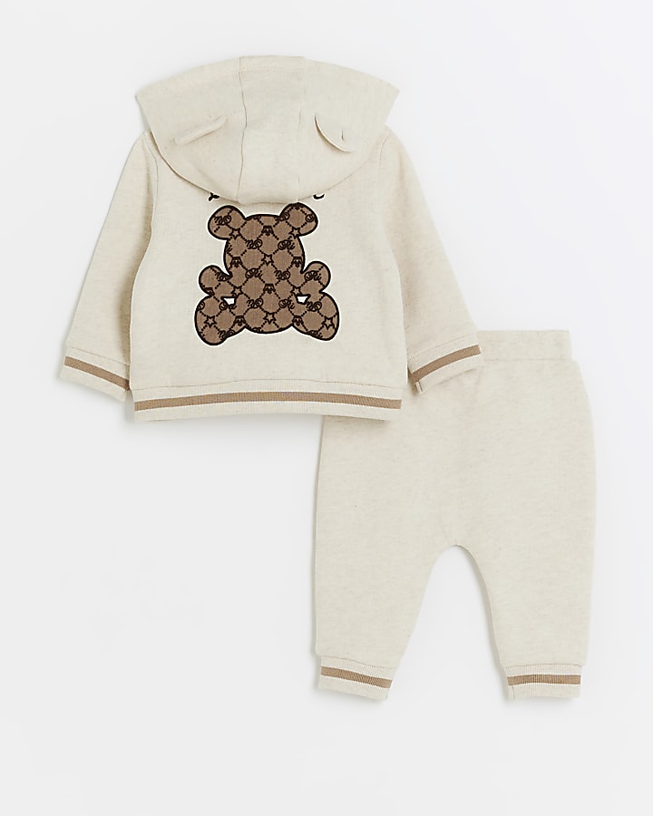 Baby boys cream bear bomber hooded top set