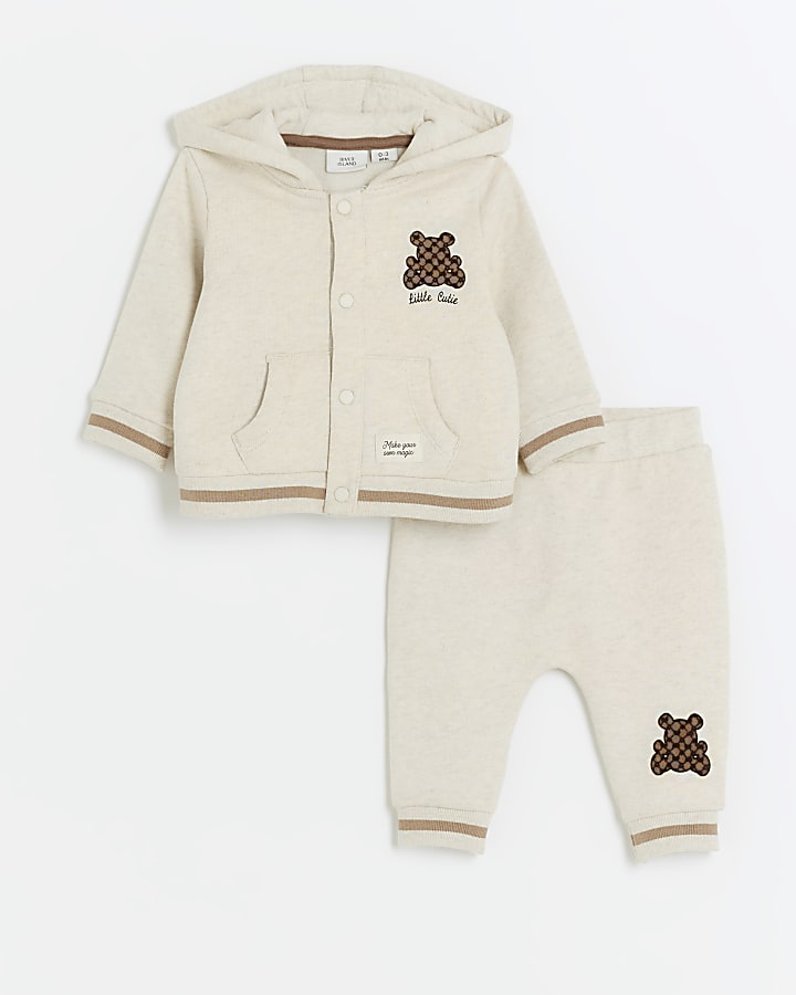Baby boys cream bear bomber hooded top set
