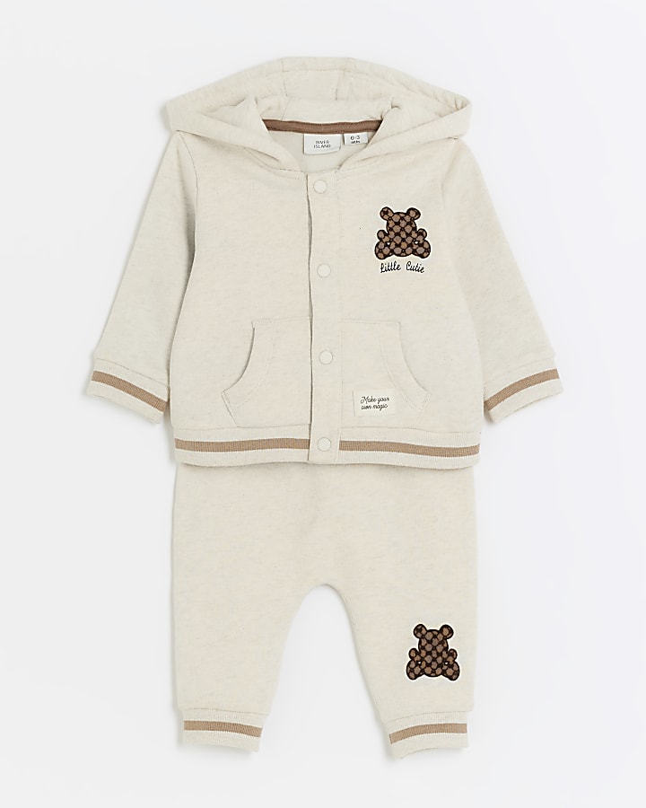 Baby boys cream bear bomber hooded top set
