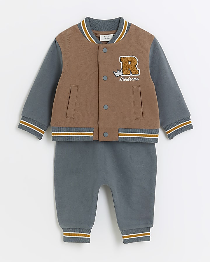 Baby boys brown embroidered bomber top set