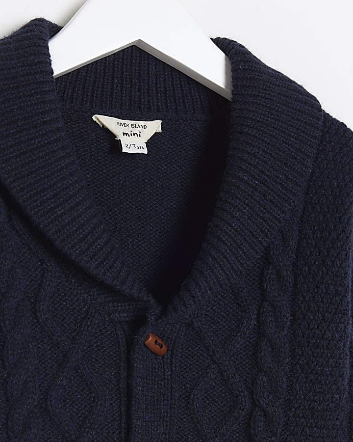 Mini boys navy cable knit shawl cardigan