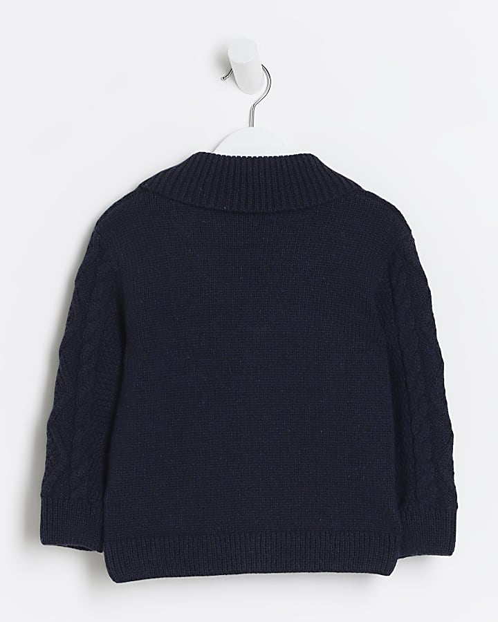 Mini boys navy cable knit shawl cardigan